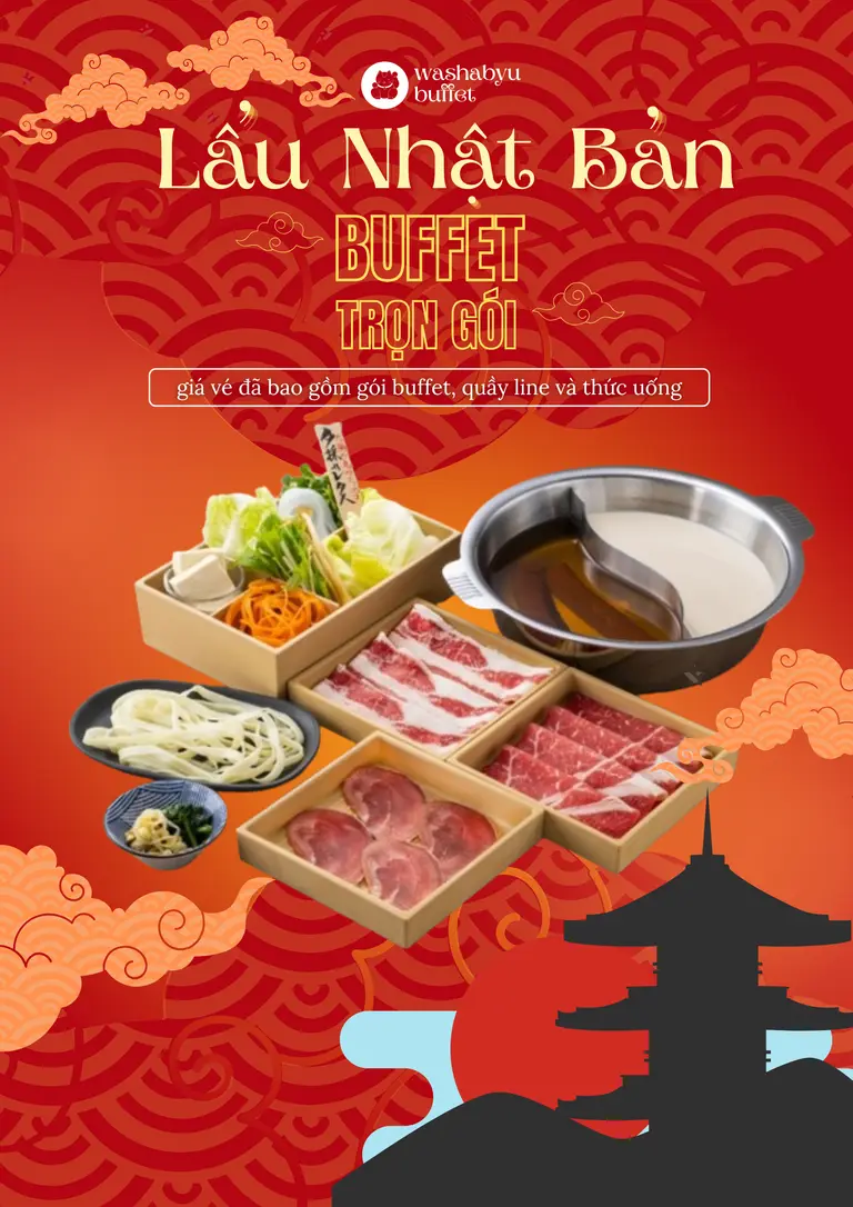 Japanese hotpot buffet simulation with introductory dish composition and menu levels