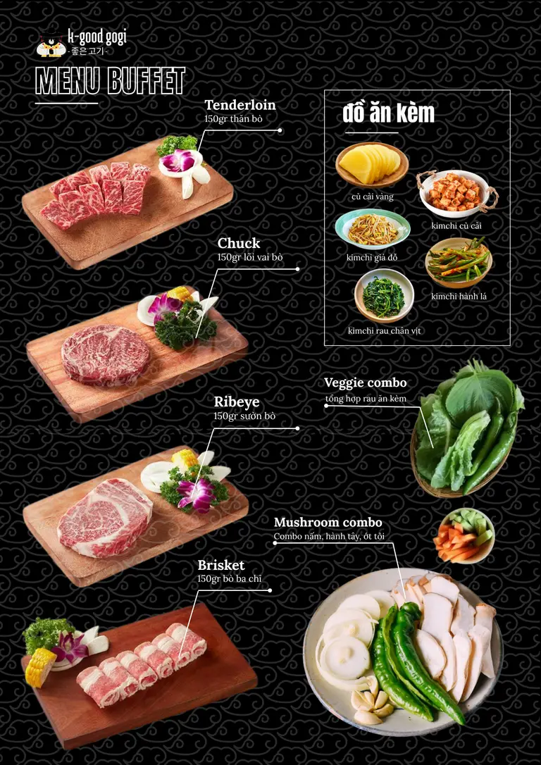 Korean grill simulation menu listing meats, sides, and serving components