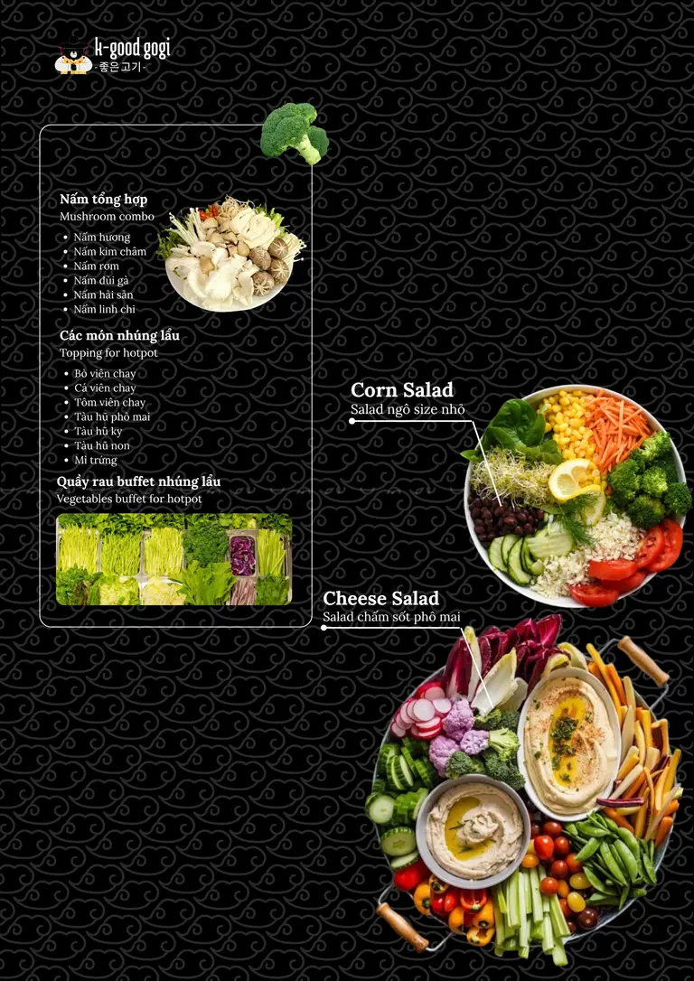 Vegetable-forward buffet simulation featuring salad platters and hotpot vegetables