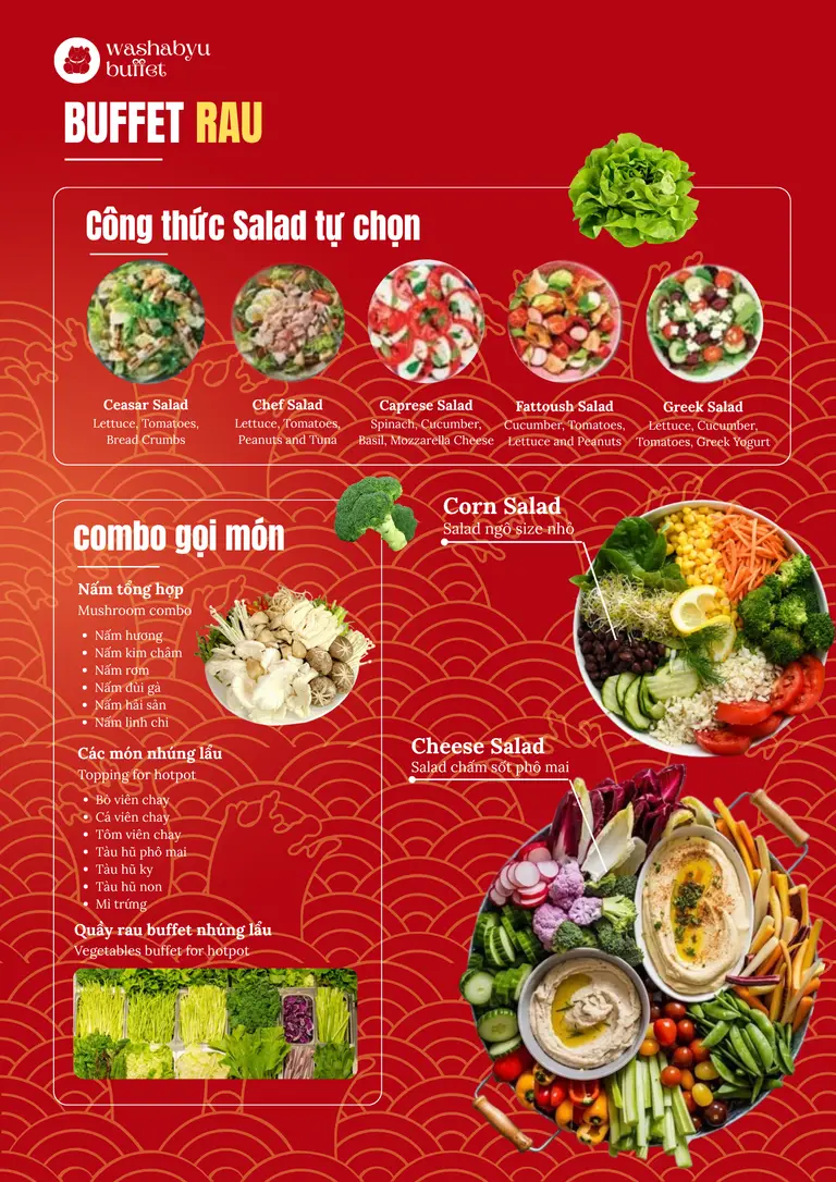 Vegetable buffet simulation with salad examples and line-callout labels