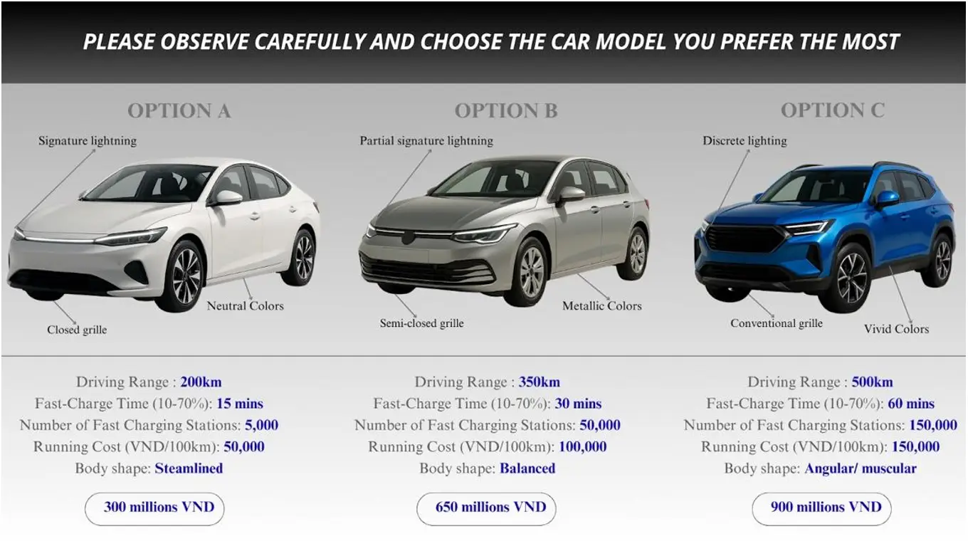 EV product-choice experiment stimulus board